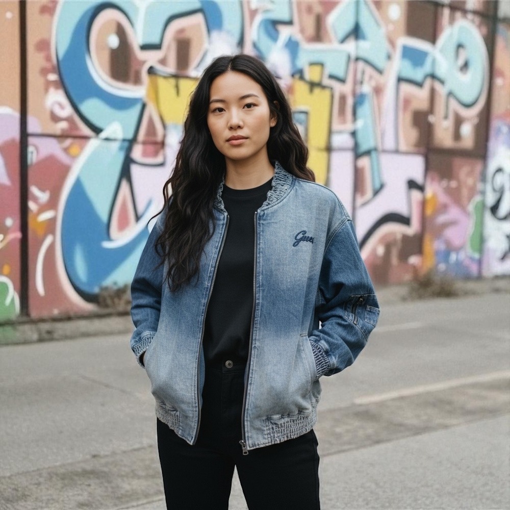 🚨GUESS Vintage💙Y2K Ombre‎ Denim Bomber Jacket 90s Streetwear Gorpcore NWT